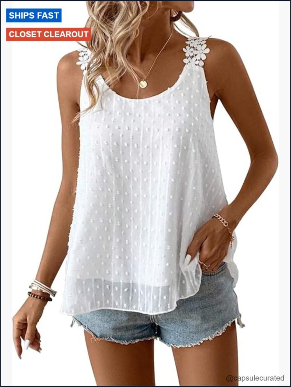 Flowy Sleeveless Tank Top Swiss Dot Lace Boho Summer Shirt